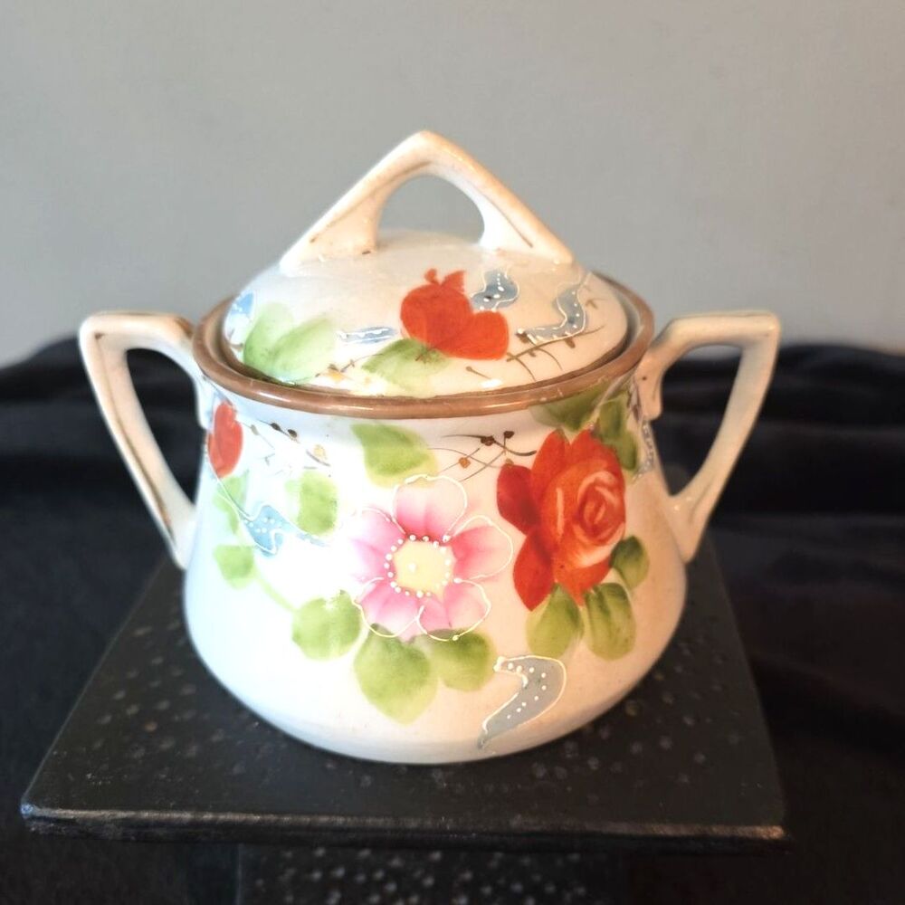 Antique TE OH Nippon Hand Painted Flowers Sugar Bowl with Handles